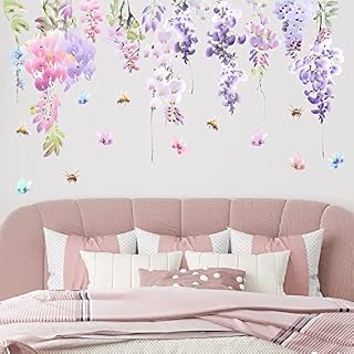 HPUINB Blossom Flower Wall Stickers for Bedroom,Pink Floral Wall Decals for Living Room,Butterfly Branch Flowers Window Stickers,Green Plants Leaf Wall Art Stickers for Kids Nursery TV Wall Home Decor