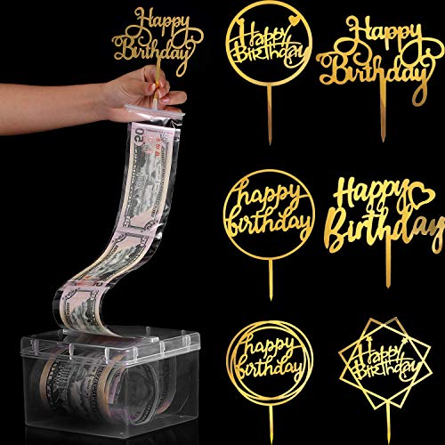 Boao 107 Pieces Cake Money Box Kit, Pulling Money Box Cake Topper Money Box Kit with 6 Pieces Happy Birthday Cake Topper and 100 Pieces Transparent Bag Connected Pockets for Cake Decoration Party Supplies