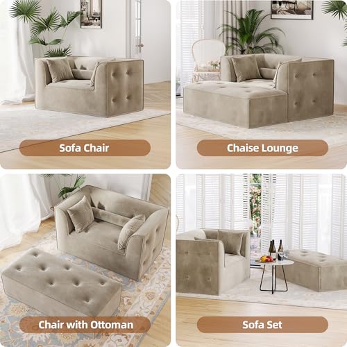 Image of Claiks 62 inch Chaise Lounge Chair Indoor, Oversized Upholstered Boneless Sofa Bed, Deep Seat Sleeper Couch with Pillows, Ottoman and Armrest, Cloud Sofas Reading Chair for Living Room, Khaki