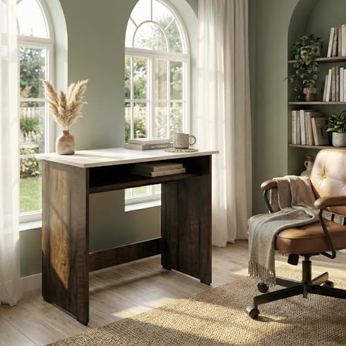 Image of Core Compact Study Table with Under-Desk Storage Shelf | Engineered Wood Dual-Tone Desk for Students & Home Office | Laptop Workstation | 80x45x76.5cm | Dark Walnut & White
