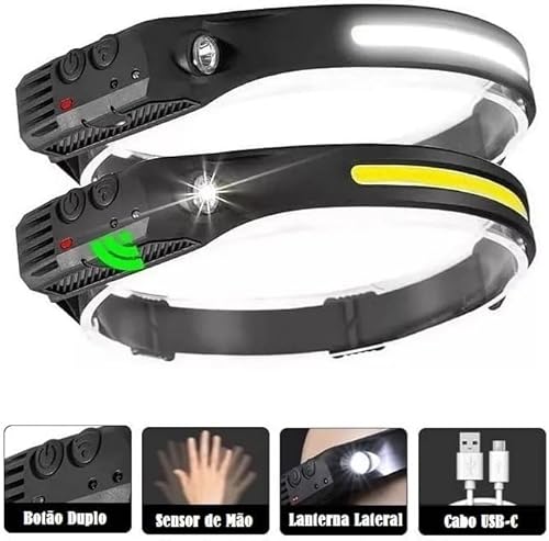Lanterna de cabeça de LED recarregável por USB C, lanterna com sensor de movimento, lanterna de cabe