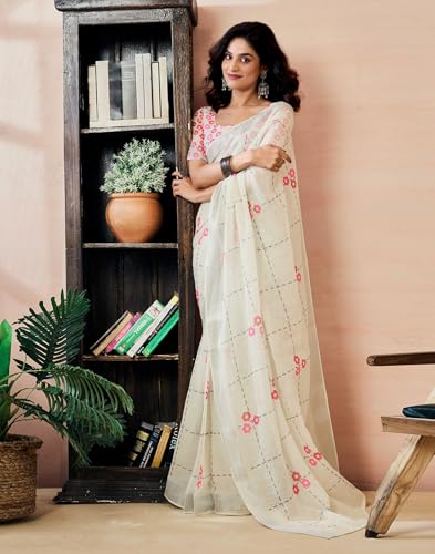 Image of SIRIL Women's Printed Cotton Linen One Minute Ready to Wear Saree With Unstitched Blouse Piece