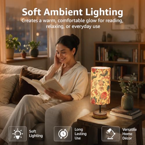 Image of Amazon Basics Bagru Marigold Table Lamp | Hand-Painted Mango Wood Base with Printed Polyester Shade | E14 Holder | Decorative Night Lamp for Bedroom, Living Room & Study Room | Home Decor Gift