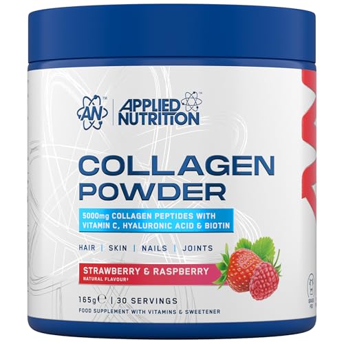 Applied Nutrition Collagen Powder - Strawberry & Raspberry Flavour - 5000mg Hydrolysed Bovine Flavoured Collagen Peptides with Vitamin C Hyaluronic Acid & Biotin (165g - 30 Servings)