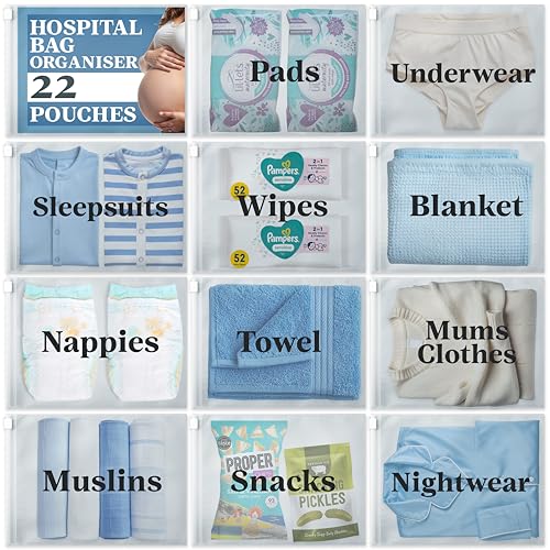 22 x Maternity Hospital Bag Organiser Pouches - Hospital Bag Maternity Essentials for Newborn Baby Changing Bag or Baby Hospital Bag Organiser Pouches - 38 x 28cm Hospital Organiser Pouch Labelled
