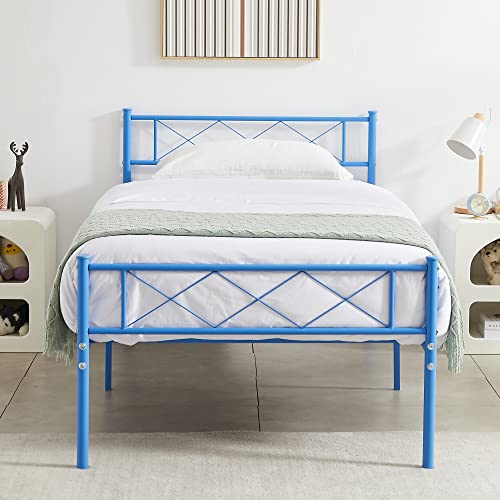 Vecelo Twin Size Metal Platform Bed Frame With Headboard And Headboard, Heavy Duty Mattress Foundation With Steel Slats Support, No Box Spring Needed, Sky Blue #TOP2