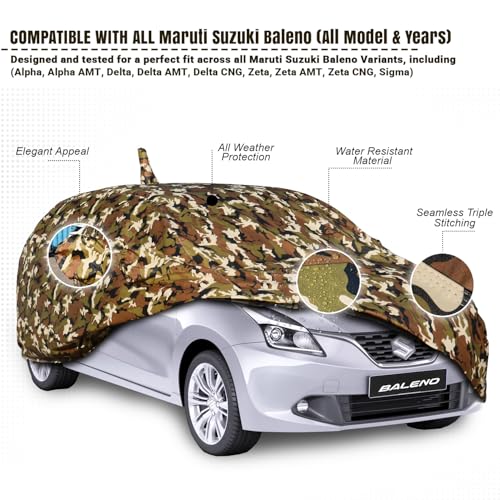 Image of Pivalo Car Body Cover for Maruti Baleno All Model & Years (2015-2025) 100% Waterproof with Mirror & Antenna Pocket Triple Stitched Dustproof Heat Resistant UV Protection (Military /Jungle /Camouflage)