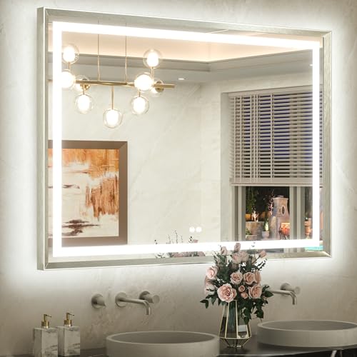 TETOTE 48 x 36 Bathroom LED Mirror Brushed Bright Nickel Metal Frame Frontlit & Backlit Vanity Mirror Stepless Dimmable Anti-Fog 3 Colors White/Warm/Natural Light up Vanity Mirror Wall-Mounted