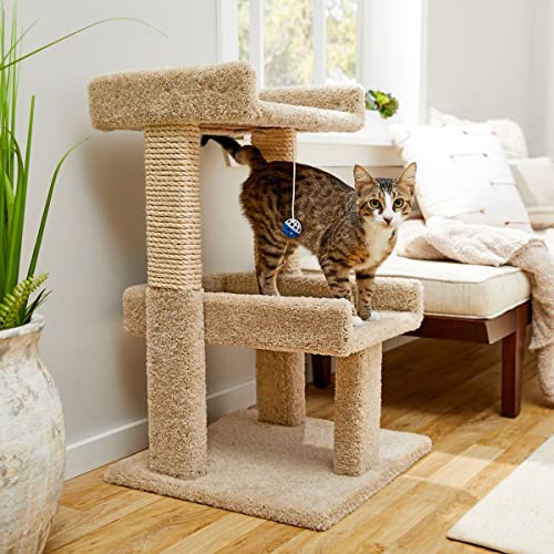 BEXEN 32-in Real Carpet Wooden Cat Tree with Toy: Double-Decker, Sturdy Wood, Plush Carpet, sisal Scratching Posts, Fully Assembled, Engaging Play
