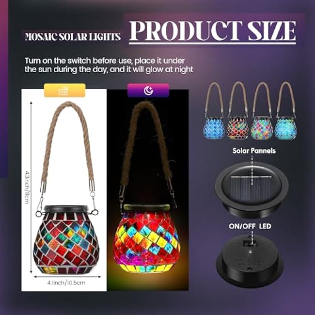 4 Pack Mosaic Solar Lights Outdoor Hanging Lanterns Waterproof Mosaic Lamp Decorative Solar Lanterns Night Lights for Garden, Patio, Yard, Holiday Party Outdoor Indoor Decoration