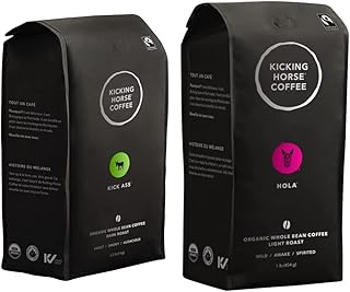 Kicking Horse Coffee, Kick Ass, Dark Roast, Whole Bean, 1 kg - Certified Organic, Fairtrade, Kosher Coffee & Hola, Light Roast, Whole Bean, 1 lb - Certified Organic, Fairtrade, Kosher Coffee