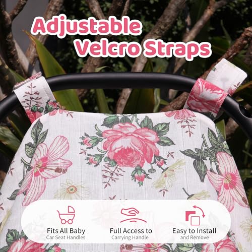 Image of Metplus Car Seat Cover Baby Girl, 100% Muslin Cotton Infant Carseat Covers, Lightweight Breathable Car Seat Canopy, Summer Stroller Sun Shade, Newborn Travel Essentials (Pink Floral)