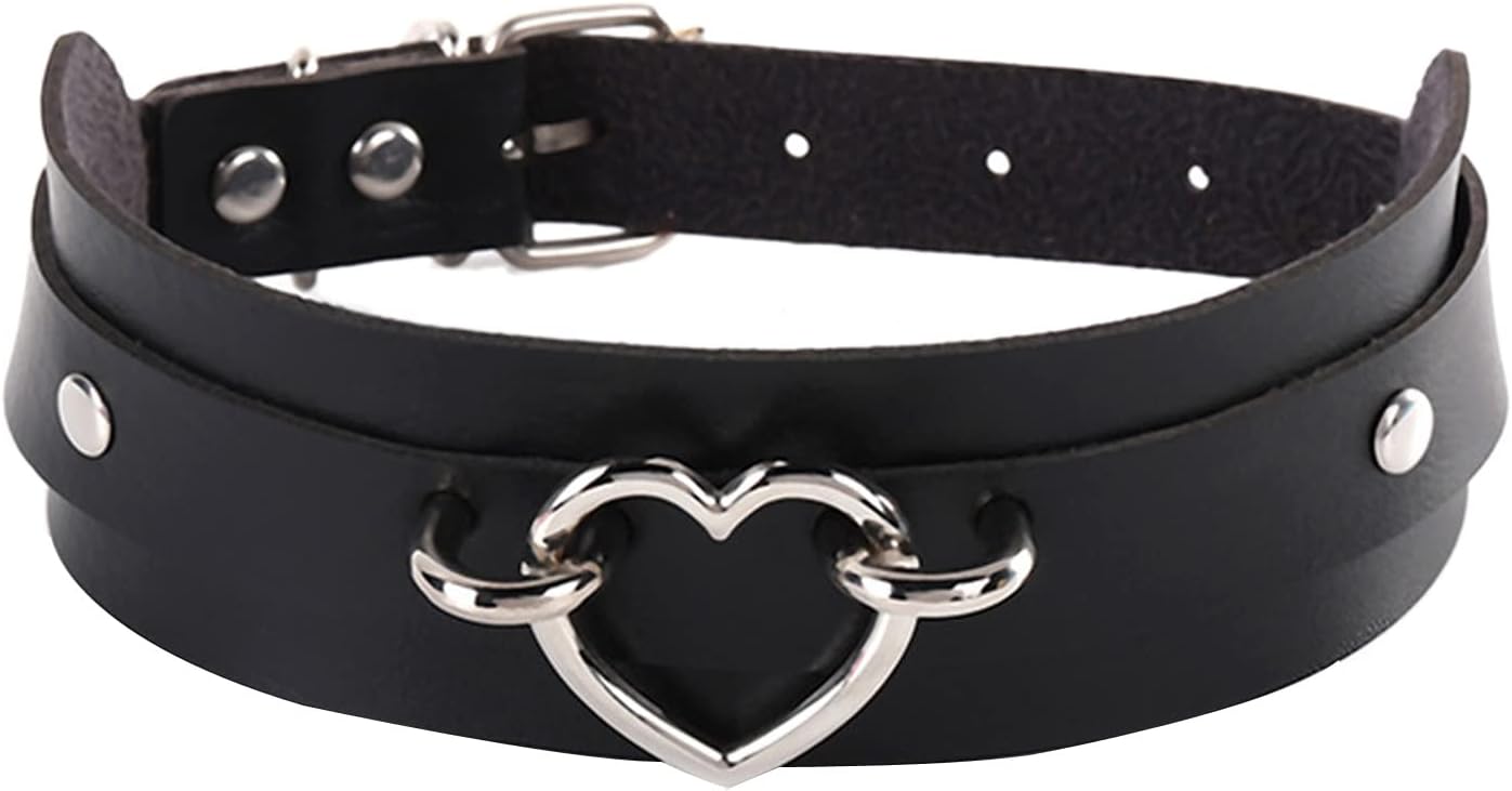 Thick Black Faux Leather Choker Collar with Heart Ring, Gothic Punk Rock Emo Necklace for Women Cosplay - Image 2