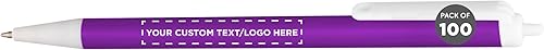 DISCOUNT PROMOS Paquete de 100 bolígrafos retráctiles Advantage, texto personalizable, logotipo, barril delgado, tinta negra, color morado