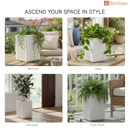 Image of BonKaso 18 Inch Rolex Tower Planter for Indoor & Outdoor Use | Tall Square Heavy Duty Polymer Flower Pot | Weather Resistant Modern Planter for Living Room, Balcony, Terrace & Office Decor﻿ (White)