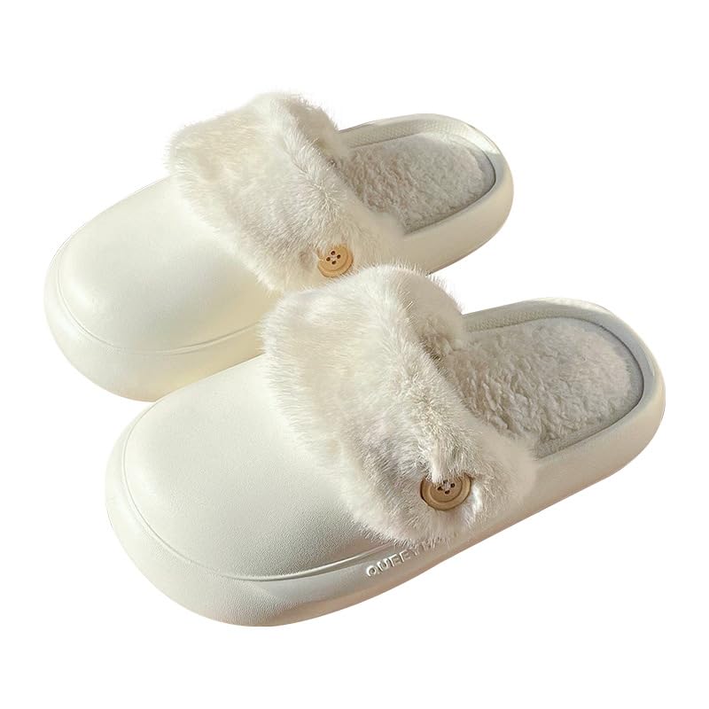 Fur Lined Platform Slippers Waterproof Cotton Slippers Winter Fuzzy Shoes Sandals for Women Men Indoor Outdoor