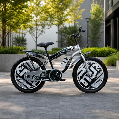 Image of TONY RAW Bicycles Gigi Sports BMX Single Speed Steel Frame 20T Bicycle Cycle for Kids 7 to 10 Years Boys & Girls Double Back Seat with Side Stand and Water Sipper Grey Green