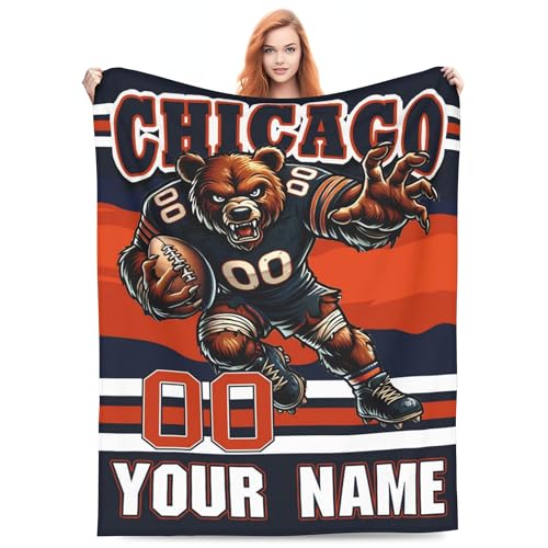 Custom Football Blanket City Mascots Personalized Fan Gift Bed Winter Throw Blankets Name & Number Flannel Blanket for Men Women Youth 60 x 50 Chi03-navy-orange