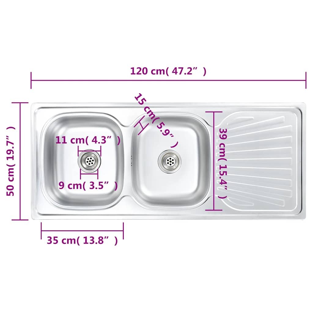 Fregadero de cocina doble de acero inoxidable con escurridor y sifón, 120 x 50 x 16 cm, empotrable con colador, resistente a la suciedad, montaje flexible para cocina, lavadero, camping