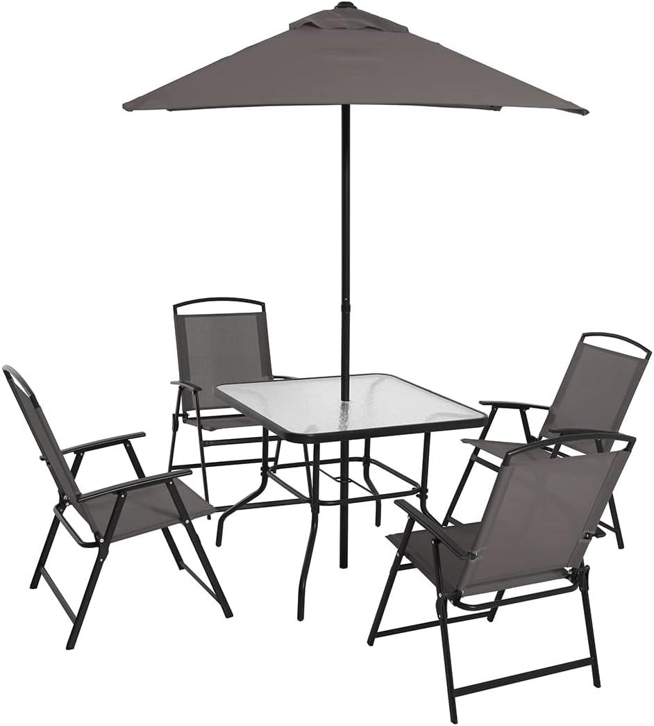 MUSUMI Outdoor Patio Dining Furniture Set of 6 Piece, Garden Conversation Furniture Set with Umbrella & Table and 4 Folding Metal Construction Chairs, Grey