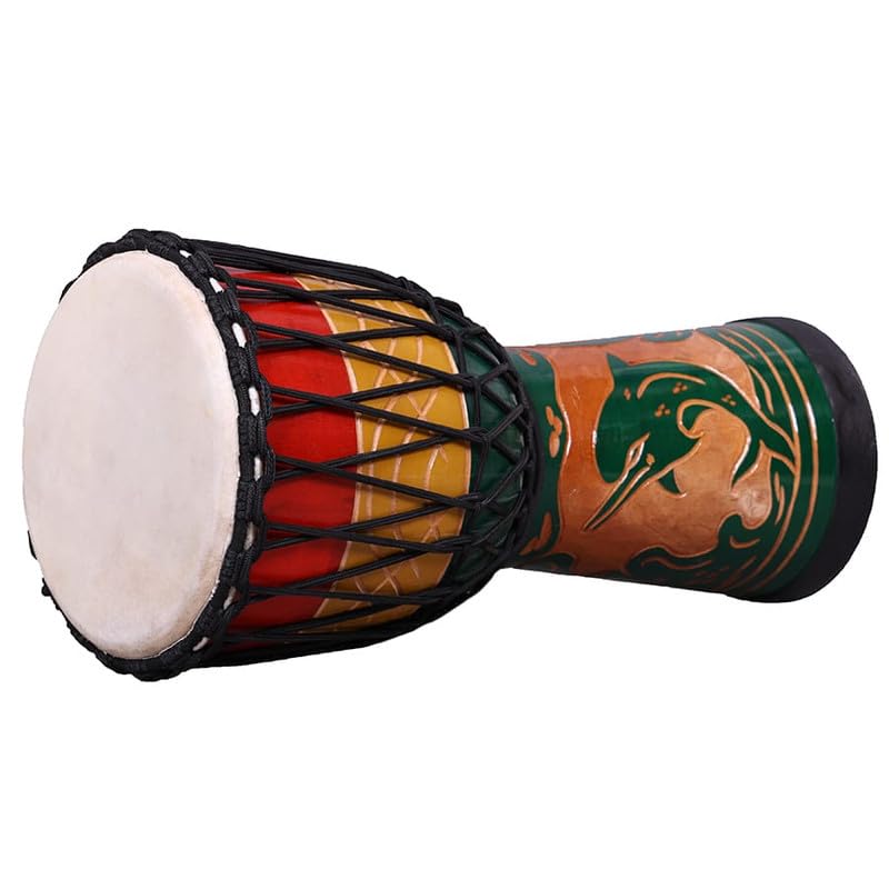 Image of StarJam Single Wood Shell Mahogany Wood Djembe Drum - 10 Inches Diameter X 20 Inches Height Musical Instrument Deep Carved - Dolphin Carved Djembe