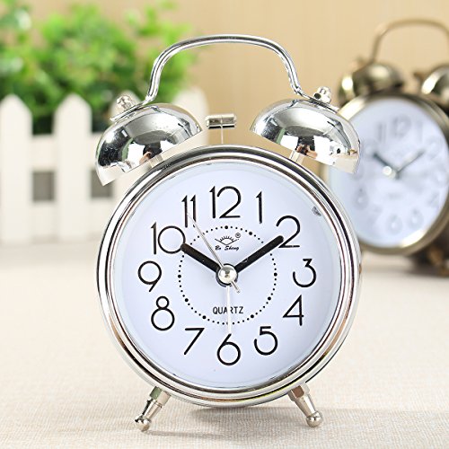 king do way Clásico Despertador Aprendizaje Clock Despertador Alarma Doble Campanas, Reloj Despertador Silencioso de Metal, Retro Reloj de Mesa con Luz (Plata)