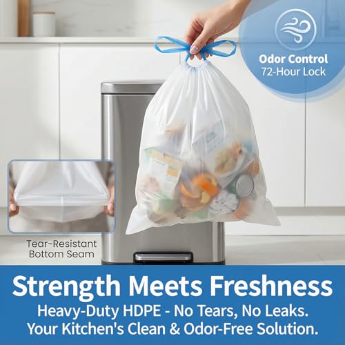 Image of 4 Gallon Small Trash Bag Drawstring - 120 Count Bathroom Garbage Bags, Unscented White Plastic Waste Basket Bags Fit 15 Liter Trash Bin for Kitchen, Home, Office and Bedroom (3-4 Gal)