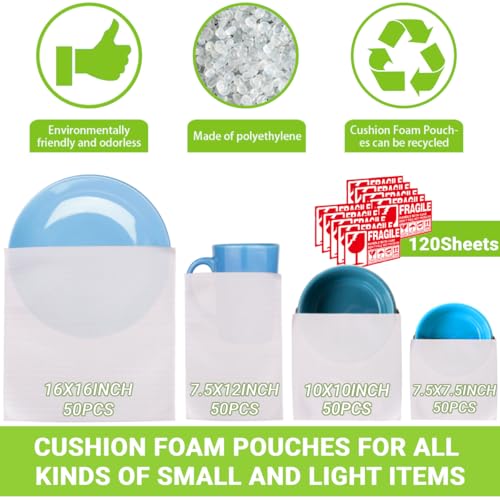 Parts3A Moving supplies,200Pack Cushion Foam Pouches, (16x16 Inch, 7.5x12 Inch, 8x8 Inch, 7.5x7.5 In