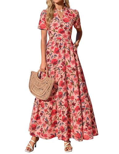 Image of KIRUNDO Womens Floral Boho Flowy Maxi Dress | Short Sleeve, V Neck, Empire Waist, A Line, 2026 Summer Beach Vacation Long Dresses With Pockets, Cocktail Party Outfits