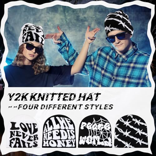 Image of Ramede 4 Pcs Y2k Beanie - Double Sided Graphic Beanies for Men and Women, Acrylic Knitted Y2k Hats Accessories