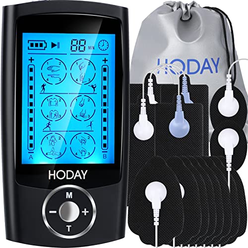 Tens Unit Muscle Stimulator, HODAY 24 Modes Dual Channel TENS EMS Unit for Pain Relief Therapy, Rechargeable Tens Machine Muscle Massager with 12 Pads/Continuous Stable Mode/Carrying Bag