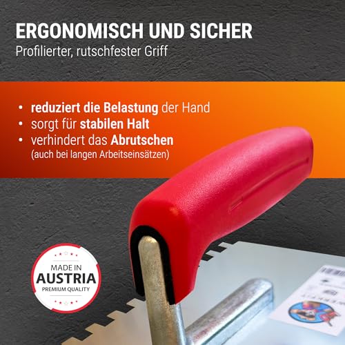 WERKFIT Profi Zahnkelle aus Edelstahl 3 mm - Glättekelle gezahnt Rostfrei - Zahnspachtel mit Softgriff - Traufel Hergestellt in Österreich 280x130mm (4x4mm)
