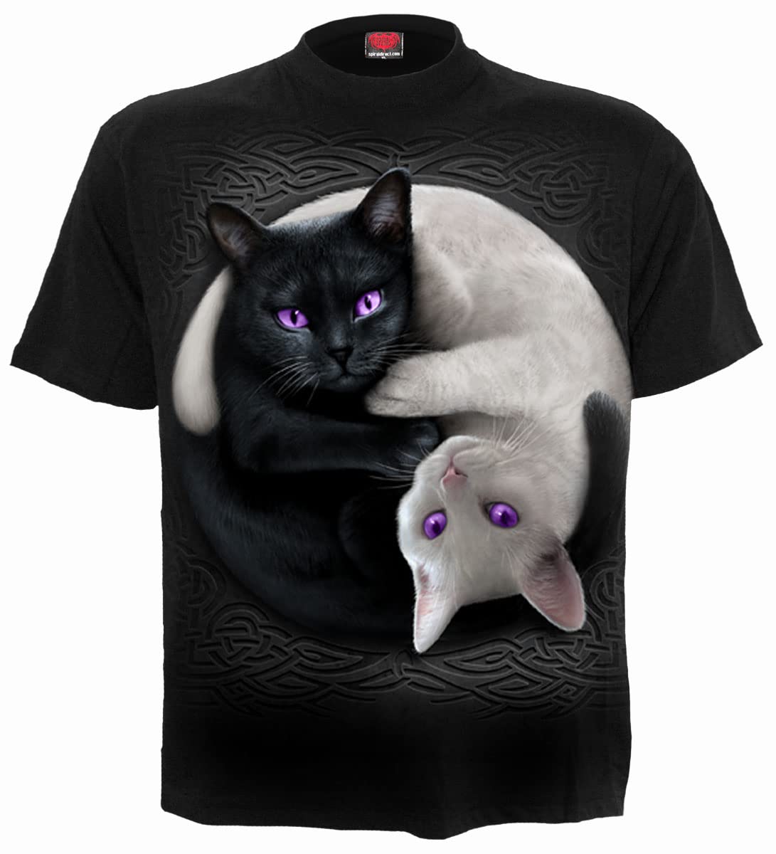 Spiral Black - Yin Yang Cats - Front Print T-Shirt - Xxl