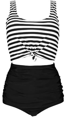 Cocoship Black & White Stripe Women's Ruffle High Rise Bikini Set Bow Knot Front Two Piece Tank Scoop Neck Swimsuit 10 #TOP27