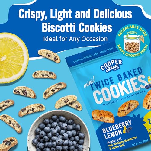 Image of Cooper Street Lemon Blueberry Mini Biscotti Cookies, 1 lb, 4ct | Twice Baked Italian Style Cookies, Peanut, Soy & Dairy Free, Low Sodium Snack, Kosher, Serve w / Coffee or Tea, Resealable Bag