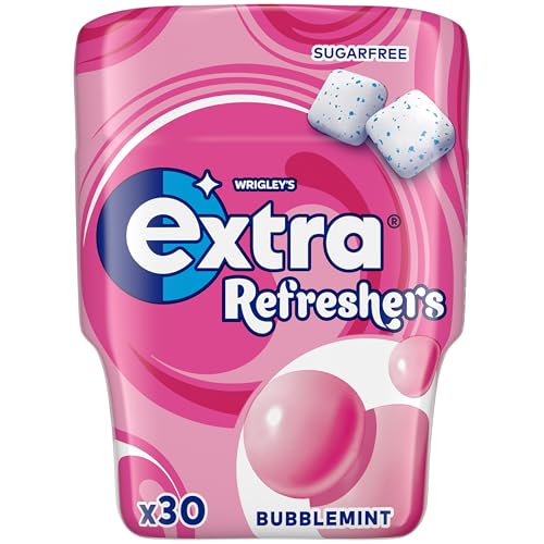 Wrigleys Extra Refreshers Bubblemint Sugar Free Chewing Gum Pack 30 Cubes - Bubblegum Mint Fresh Breath Gum - Air Travel Essentials Festival Accessories & Road Trip Snacks