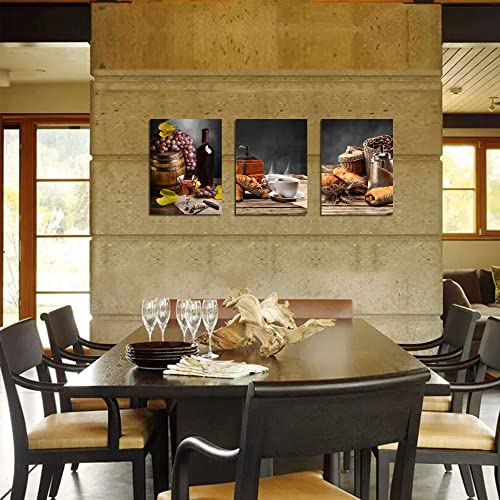 Kitchen Canvas Wall Art Coffee And Red Wine Paintings Vintage Farmhouse Pictures Bread Fruit Artwork Prints Framed For Dinning Room Bar Home Wall Decor, 12"X16"X3 Panels, Ready To Hang #TOP2