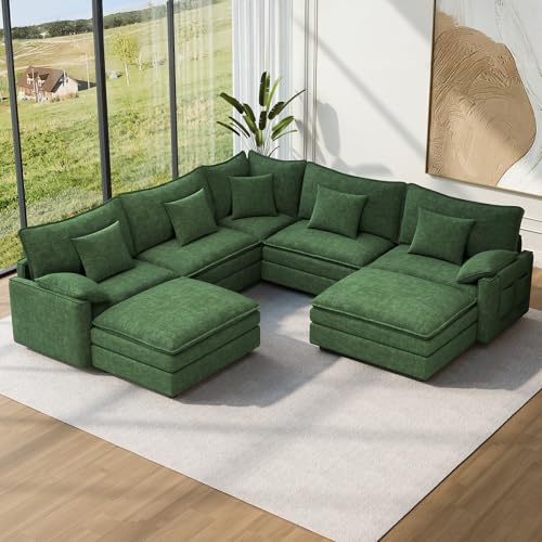 Image of Vesgantti 101 inch V-Shaped Corner Couch Sectional, 7 Seat Customizable Modular Cloud Couches with Movable Ottoman, Chenille Deep Seat Sofa Set with Chaise for Living Room, Bedroom and Apartment, Green