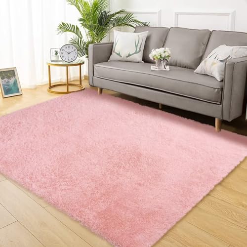 GlowSol Solid Area Rug 4x6 Large Shag Area Rugs,Pink Indoor Super Soft Fuzzy Plush Rugs, Upgrade Anti-Skid Modern Furry Rugs Fluffy Carpets for Kids Room Nursery Home Decor