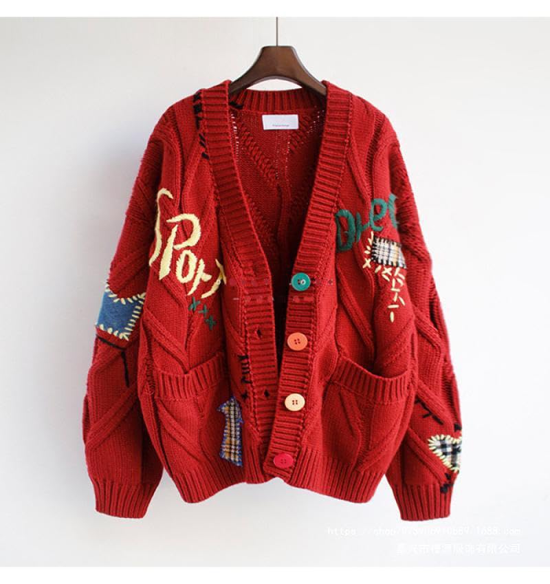 Image of Women's Cable Knit Open Front Cardigan V-Neck Button Down Embroidery Wool Blend Sweater Coat(red,XXL)