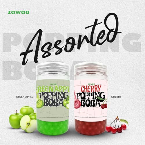 Image of ZAWAA 2 Popping Boba (Each 300gm) Total 600gm (Fruit Flavours), 2 Stainless Steel Straws (12mm), 1 Cleaning Brush, 1 Boba Scoop (Green Apple + Cherry)
