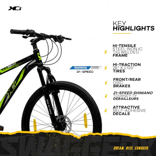 Image of XCi Swagger X 2.0 Mountain Bike | 26-Inch Tyres | 21-Speed Shimano Gears | Tuff Shox Suspension | Mechanical Disc Brakes | Youth 12+ Years |17-Inch Ultra Light Steel Frame | Black Green