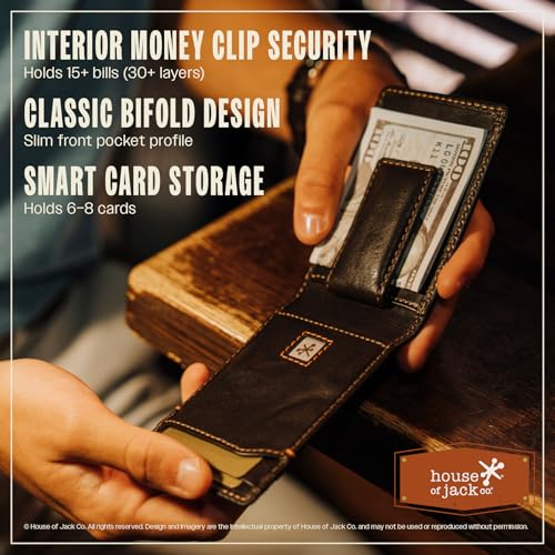 Image of House of Jack Co. Jack Men's Bifold Wallet with Money Clip, Holds 15+ Bills | Super Strong Magnetic Clip, 8 Card Holder, Full Grain Leather Front Pocket Wallet with Money Clip, Gift for Men, Brown