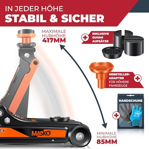 Flacher hydraulischer Wagenheber MASKO 2,5T mit Zubehör und Koffer