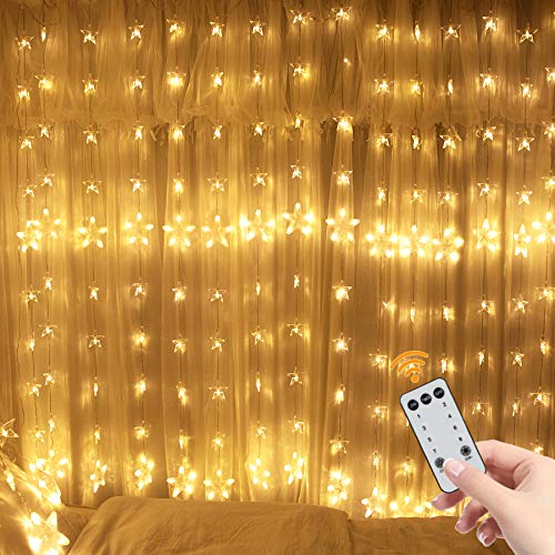 Rideau Lumineux, Guirlandes Lumineuses 80 Étoiles 144 Leds, Guirlande Lumière IP44 8 Modes avec Fonction Rythmique, Intérieur/Extérieur Rideau Lumière Décorative pour Fenêtre/Soirée/Mariage/Noël Cover