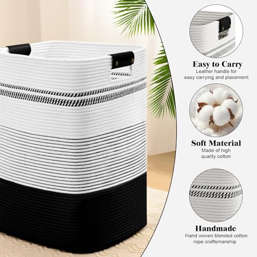 Image of Laundry Hamper, 95L Tall Laundry Basket with Leather Handles, Rectangle Large Clothes Hamper for Organizing, Cotton Woven Laundry Baskets Storage Hampers for Bedroom, Nursery, Living Room