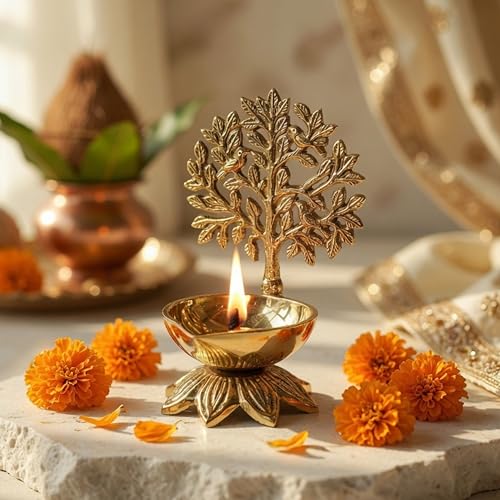 Image of Behoma 100% Pure Brass Kalpavriksha Diya for Puja | Deepak for Mandir | Office & Home Decoration Handcrafted Tree of Life Diya for Pooja Room & Temple | Best Religious Gift for Anniversary, Wedding