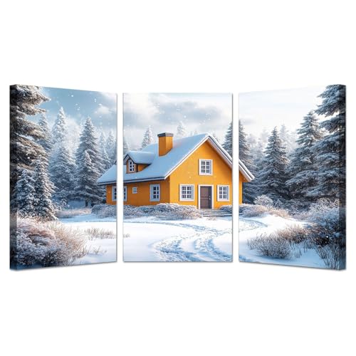 Impression Sur Toile Boho Arbres Cabane Forêt d'Hiver Décoration Murale Chambre Salon
