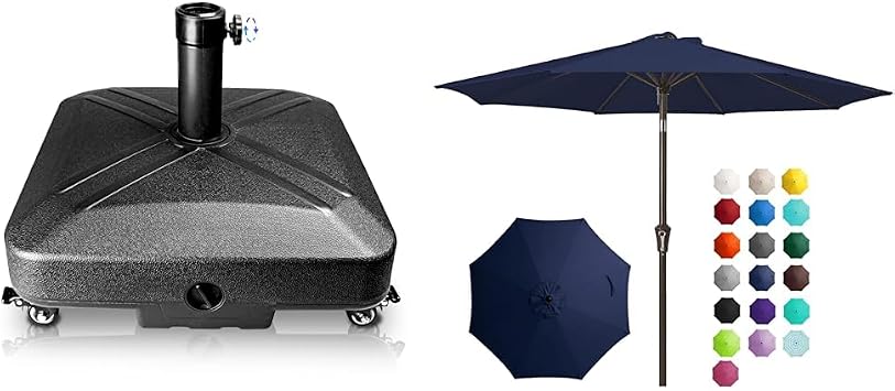 125lb Capacity Umbrella Base Bundle with JEAREY 9FT Outdoor Patio Umbrella, Market Umbrella with Crank and Push Button Tilt