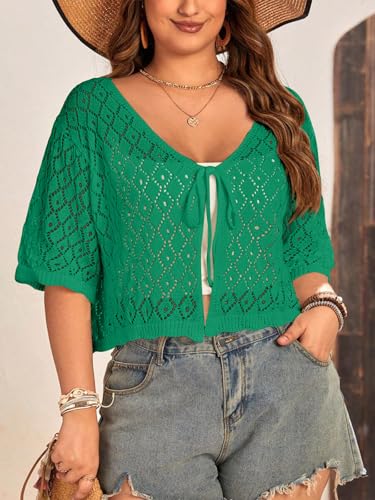 Image of Women's Plus Size Crochet Cardigan Crop Short Sleeves Tie Front Lightweight Knitwear